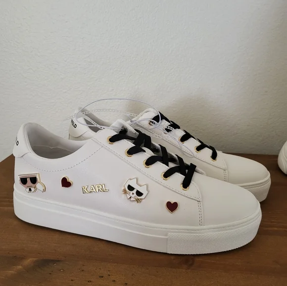 NWOB KARL LAGERFELD PARIS Cambie Embellished Sneakers Size 9.5M White Cat Love - Picture 3 of 6